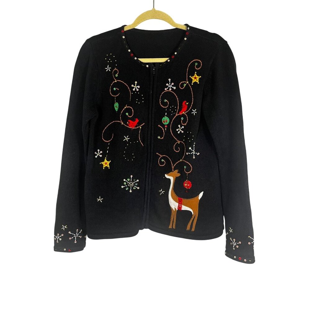 Festive Holiday Sequin Knit Sweater‎ Black L Preppy Classic Chic Artsy Woodland